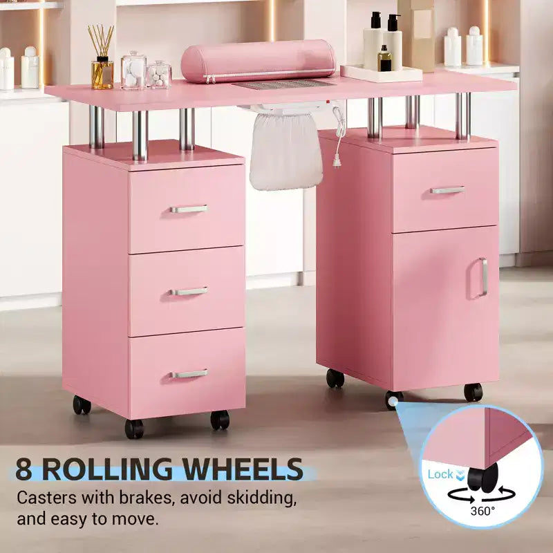 Poste de travail pour manucure avec aérateur électrique, roulettes blocables, repose-poignet, tiroirs et meuble de rangement pour salon de beauté et spa