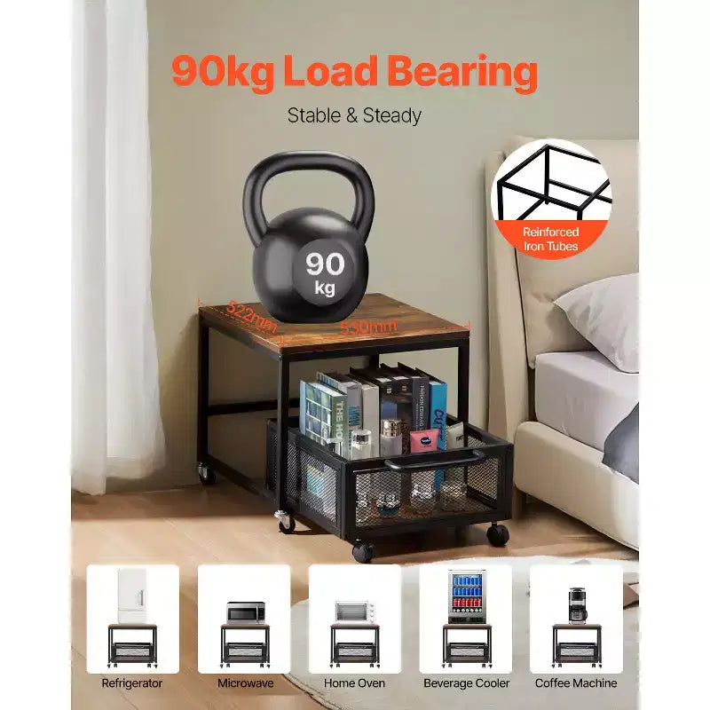 Meuble Support pour Mini Réfrigérateur avec Rangement, Table pour Mini Réfrigérateur de 90 kg avec Chariot de Rangement Mobile et Roues Pivotantes, Support pour Réfrigérateur à Boissons, Marron Clair
