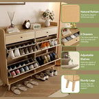 Meuble à chaussures en bois avec 4 tiroirs abattants en rotin naturel et 2 tiroirs, range-chaussures autoportant dissimulé pour entrée, couloir, salon