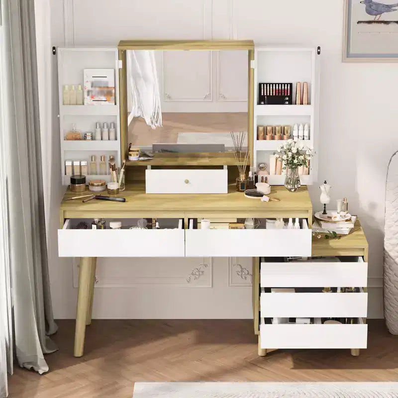 Coiffeuse Maquillage - avec Miroir et Lumières, 7 Tiroirs, avec Tabouret pour Chambre (Blanc)