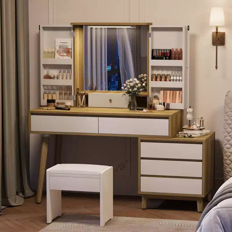 Coiffeuse Maquillage - avec Miroir et Lumières, 7 Tiroirs, avec Tabouret pour Chambre (Blanc)