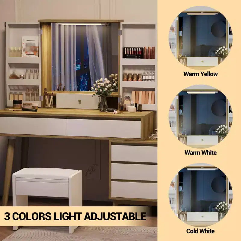 Coiffeuse Maquillage - avec Miroir et Lumières, 7 Tiroirs, avec Tabouret pour Chambre (Blanc)
