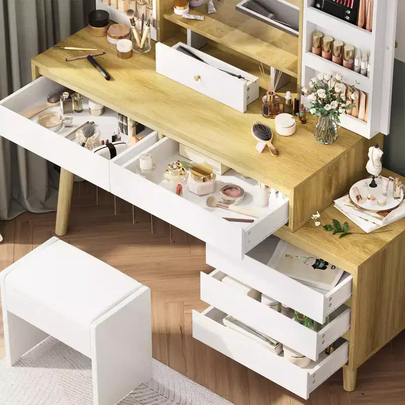 Coiffeuse Maquillage - avec Miroir et Lumières, 7 Tiroirs, avec Tabouret pour Chambre (Blanc)