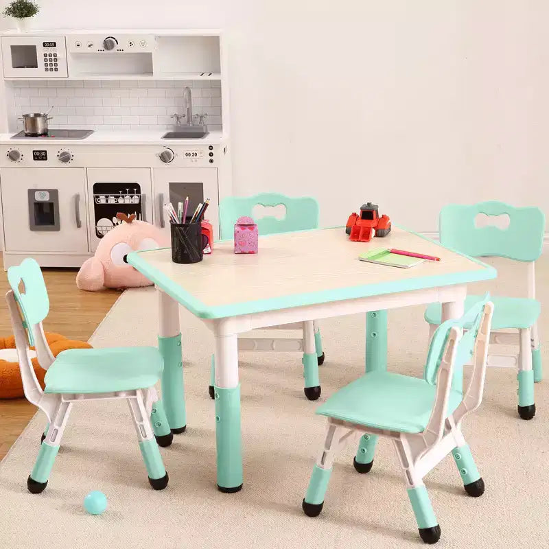 Table et 4 Chaises Enfants Réglables Antidérapantes, Résistantes aux Graffitis, Bureau Multi-Activités pour Enfants de 2 à 10 Ans Maison/Garderie/Salle d'Étude, Bleu Lac