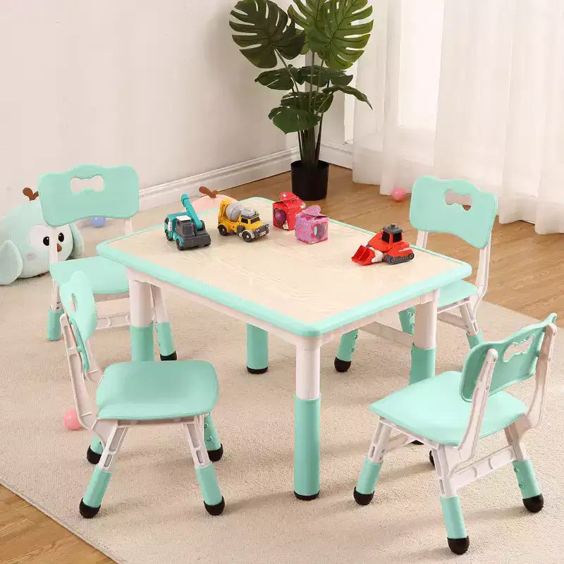 Table et 4 Chaises Enfants Réglables Antidérapantes, Résistantes aux Graffitis, Bureau Multi-Activités pour Enfants de 2 à 10 Ans Maison/Garderie/Salle d'Étude, Bleu Lac