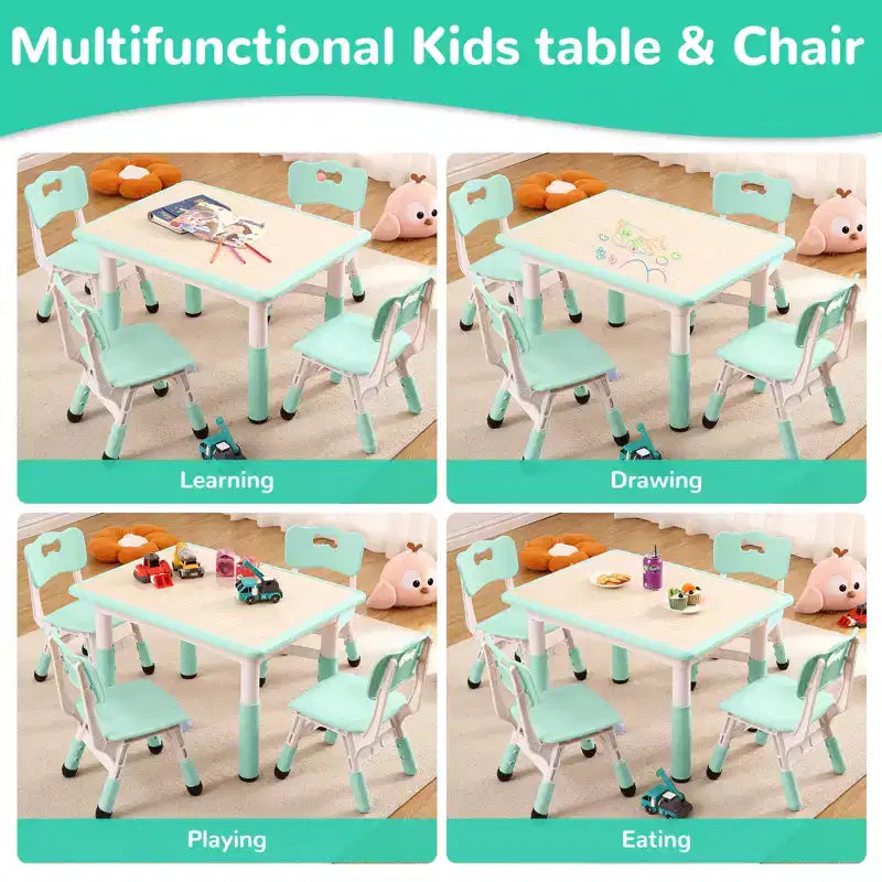 Table et 4 Chaises Enfants Réglables Antidérapantes, Résistantes aux Graffitis, Bureau Multi-Activités pour Enfants de 2 à 10 Ans Maison/Garderie/Salle d'Étude, Bleu Lac