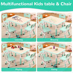 Table et 4 Chaises Enfants Réglables Antidérapantes, Résistantes aux Graffitis, Bureau Multi-Activités pour Enfants de 2 à 10 Ans Maison/Garderie/Salle d'Étude, Bleu Lac