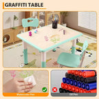 Table et 4 Chaises Enfants Réglables Antidérapantes, Résistantes aux Graffitis, Bureau Multi-Activités pour Enfants de 2 à 10 Ans Maison/Garderie/Salle d'Étude, Bleu Lac