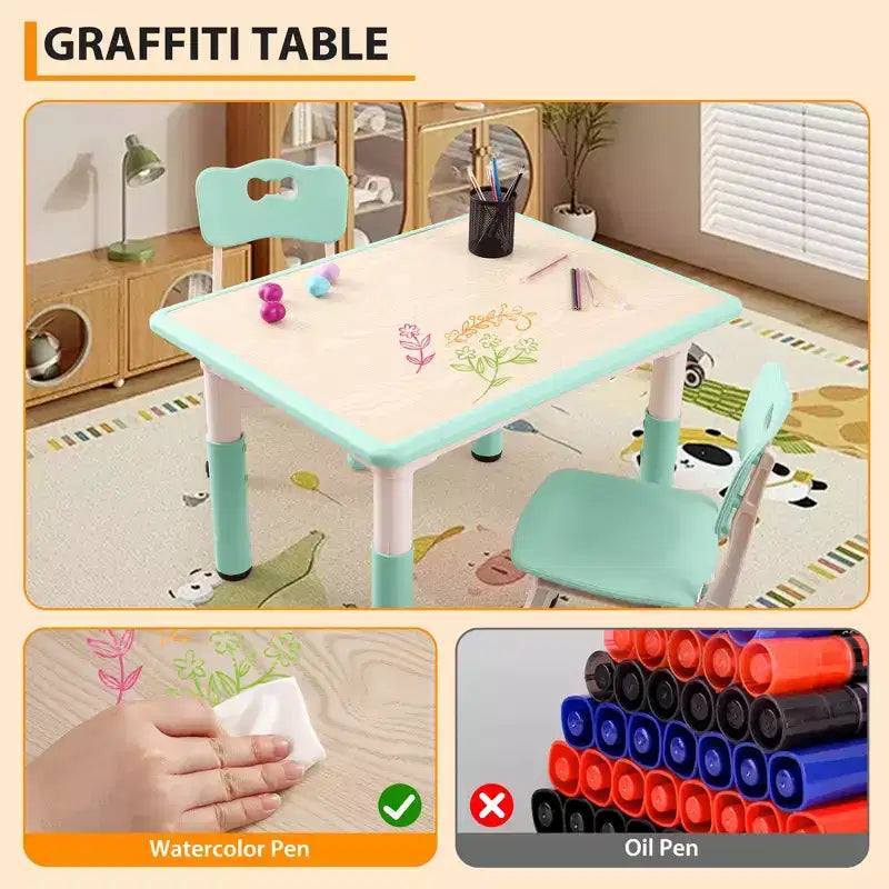 Table et 4 Chaises Enfants Réglables Antidérapantes, Résistantes aux Graffitis, Bureau Multi-Activités pour Enfants de 2 à 10 Ans Maison/Garderie/Salle d'Étude, Bleu Lac
