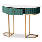 1 tiroir Console Beale en velours et brossé Vert/Or : dessus en faux marbre, cadre en MDF