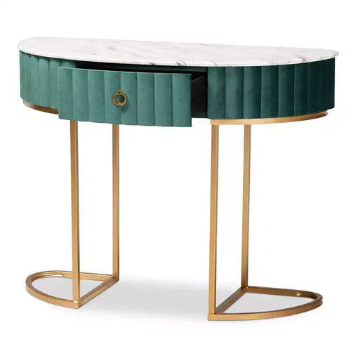 1 tiroir Console Beale en velours et brossé Vert/Or : dessus en faux marbre, cadre en MDF