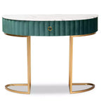 1 tiroir Console Beale en velours et brossé Vert/Or : dessus en faux marbre, cadre en MDF
