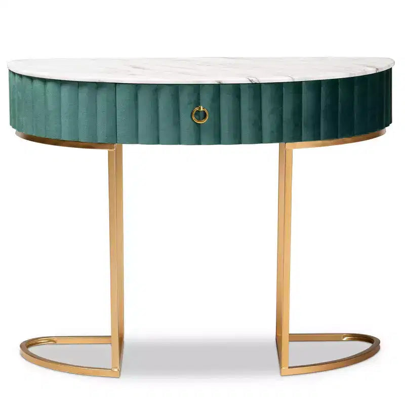 1 tiroir Console Beale en velours et brossé Vert/Or : dessus en faux marbre, cadre en MDF