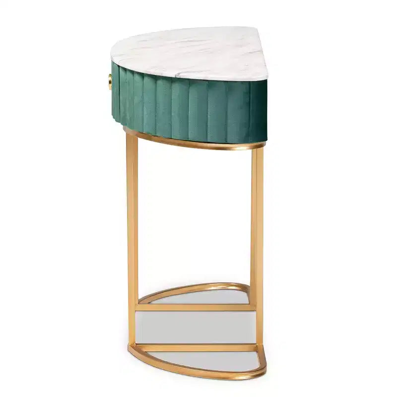 1 tiroir Console Beale en velours et brossé Vert/Or : dessus en faux marbre, cadre en MDF