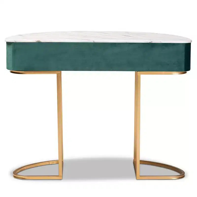 1 tiroir Console Beale en velours et brossé Vert/Or : dessus en faux marbre, cadre en MDF