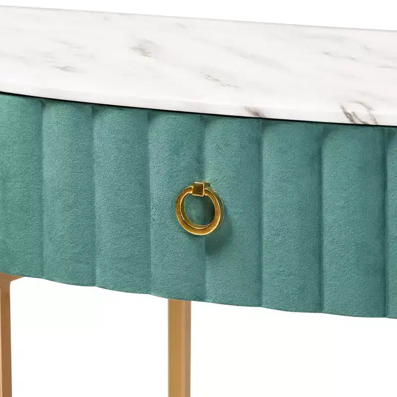 1 tiroir Console Beale en velours et brossé Vert/Or : dessus en faux marbre, cadre en MDF