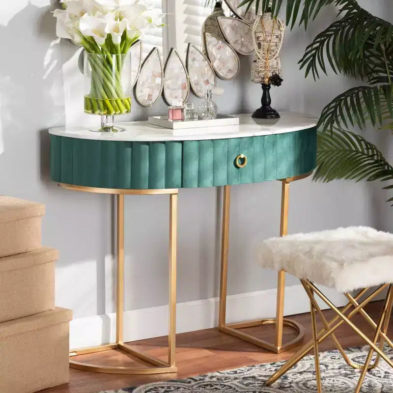 1 tiroir Console Beale en velours et brossé Vert/Or : dessus en faux marbre, cadre en MDF