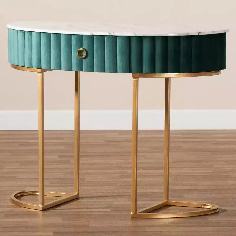 1 tiroir Console Beale en velours et brossé Vert/Or : dessus en faux marbre, cadre en MDF