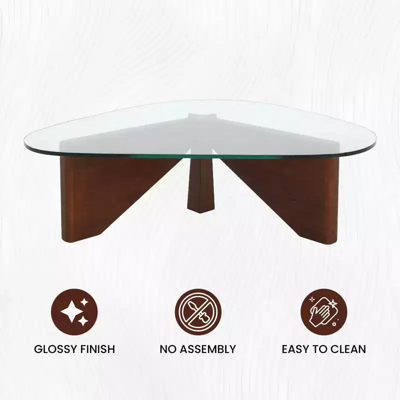 Table basse Imperial Collection en verre triangulaire avec piètement en bois de frêne lustré pour maison, salon, bureau