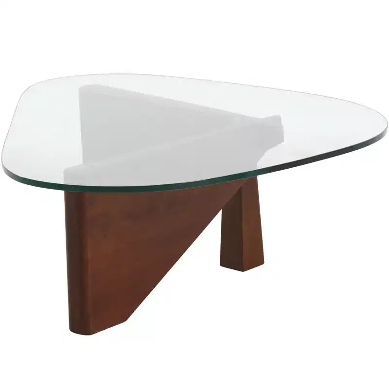 Table basse Imperial Collection en verre triangulaire avec piètement en bois de frêne lustré pour maison, salon, bureau