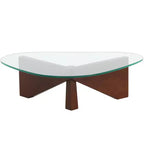 Table basse Imperial Collection en verre triangulaire avec piètement en bois de frêne lustré pour maison, salon, bureau