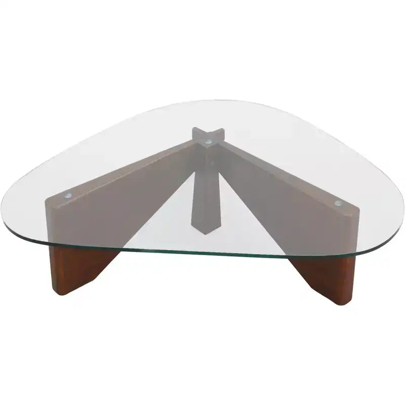 Table basse Imperial Collection en verre triangulaire avec piètement en bois de frêne lustré pour maison, salon, bureau