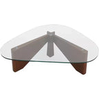 Table basse Imperial Collection en verre triangulaire avec piètement en bois de frêne lustré pour maison, salon, bureau