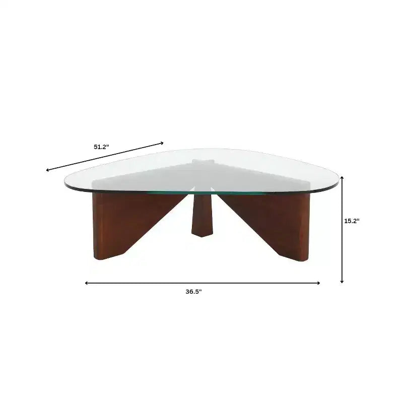 Table basse Imperial Collection en verre triangulaire avec piètement en bois de frêne lustré pour maison, salon, bureau