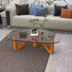 Table basse Imperial Collection en verre triangulaire avec piètement en bois de frêne lustré pour maison, salon, bureau
