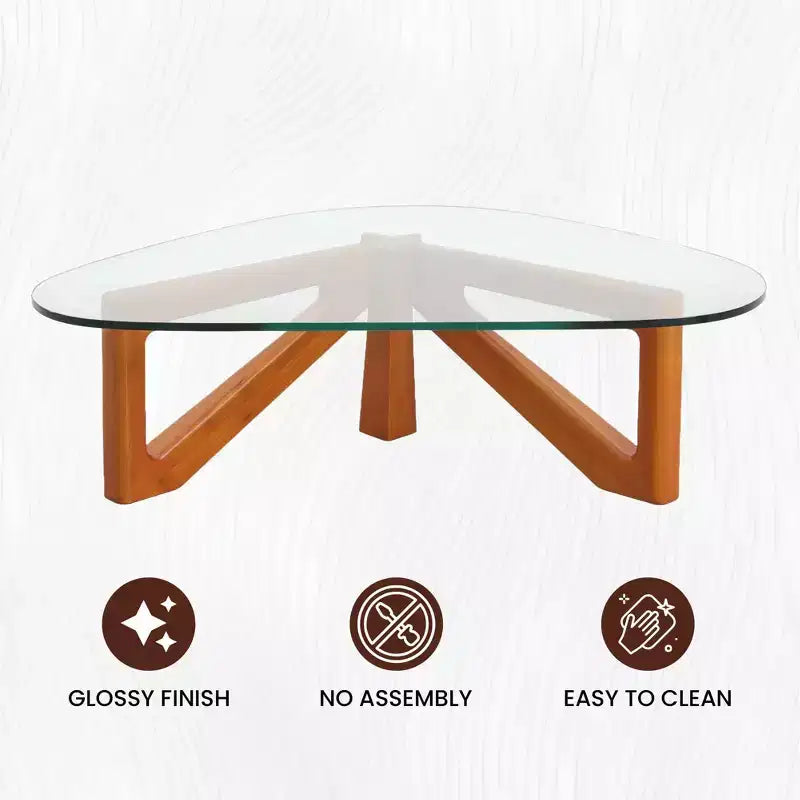 Table basse Imperial Collection en verre triangulaire avec piètement en bois de frêne lustré pour maison, salon, bureau