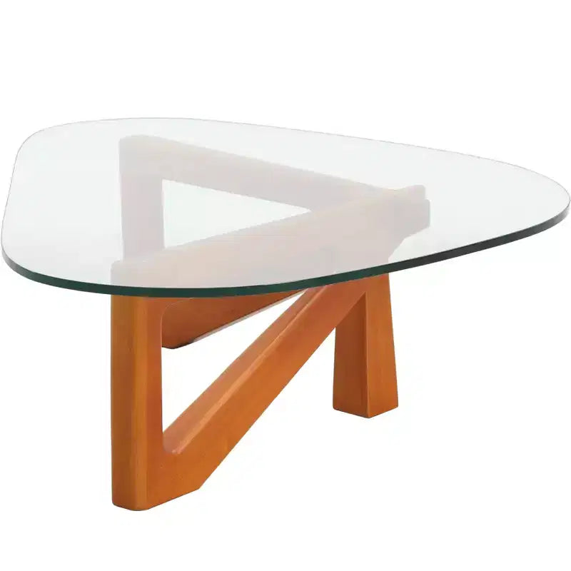 Table basse Imperial Collection en verre triangulaire avec piètement en bois de frêne lustré pour maison, salon, bureau