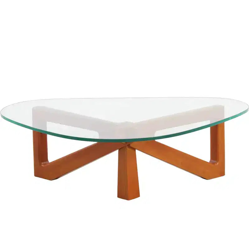 Table basse Imperial Collection en verre triangulaire avec piètement en bois de frêne lustré pour maison, salon, bureau