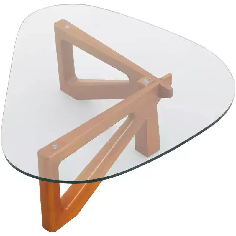 Table basse Imperial Collection en verre triangulaire avec piètement en bois de frêne lustré pour maison, salon, bureau