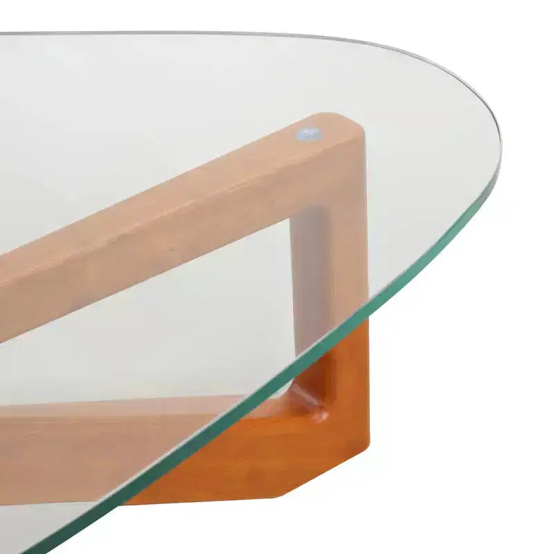 Table basse Imperial Collection en verre triangulaire avec piètement en bois de frêne lustré pour maison, salon, bureau