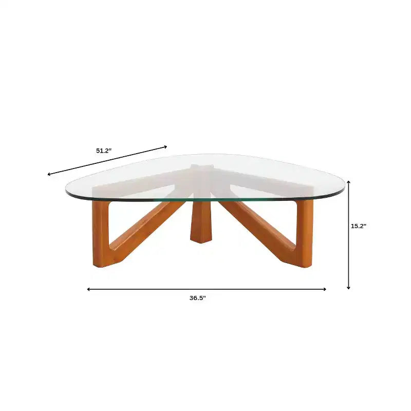 Table basse Imperial Collection en verre triangulaire avec piètement en bois de frêne lustré pour maison, salon, bureau