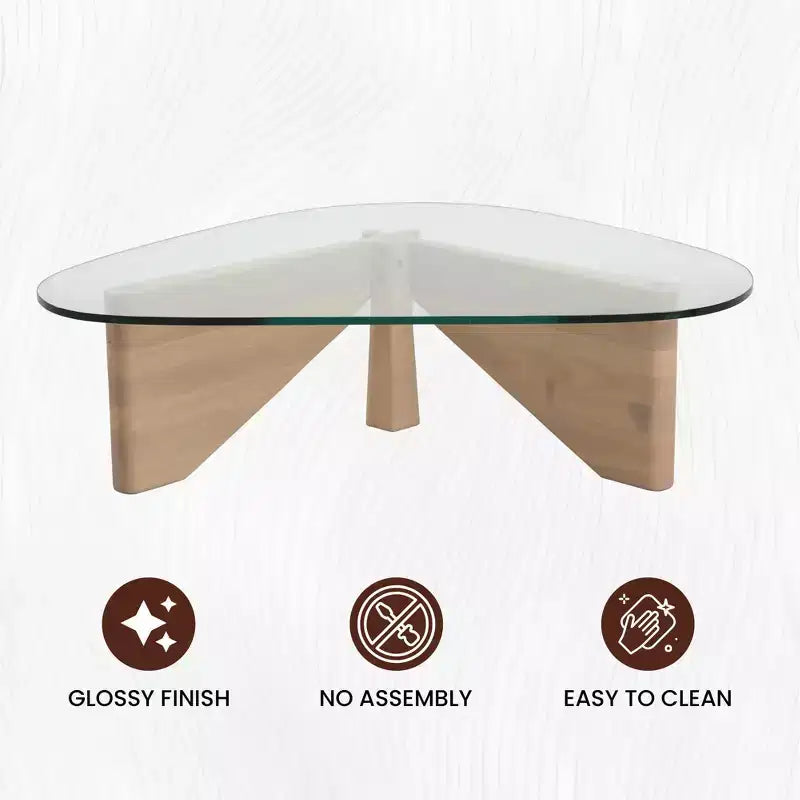Table basse Imperial Collection en verre triangulaire avec piètement en bois de frêne lustré pour maison, salon, bureau