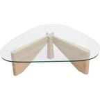 Table basse Imperial Collection en verre triangulaire avec piètement en bois de frêne lustré pour maison, salon, bureau