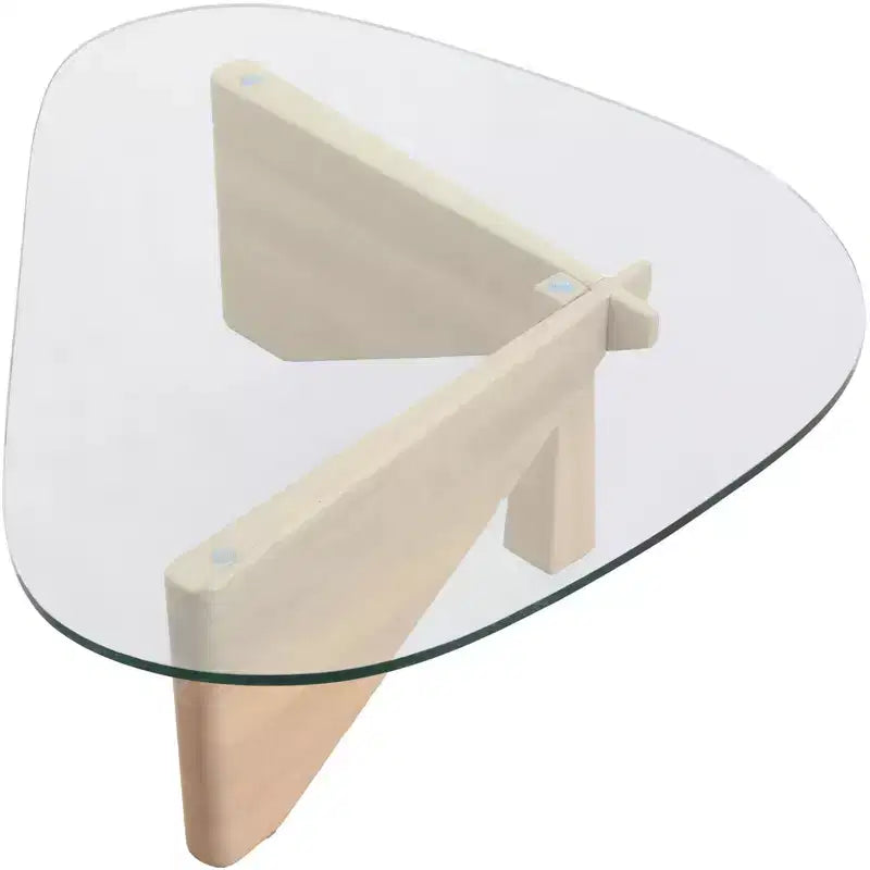 Table basse Imperial Collection en verre triangulaire avec piètement en bois de frêne lustré pour maison, salon, bureau