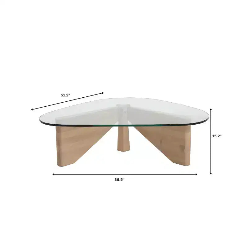 Table basse Imperial Collection en verre triangulaire avec piètement en bois de frêne lustré pour maison, salon, bureau