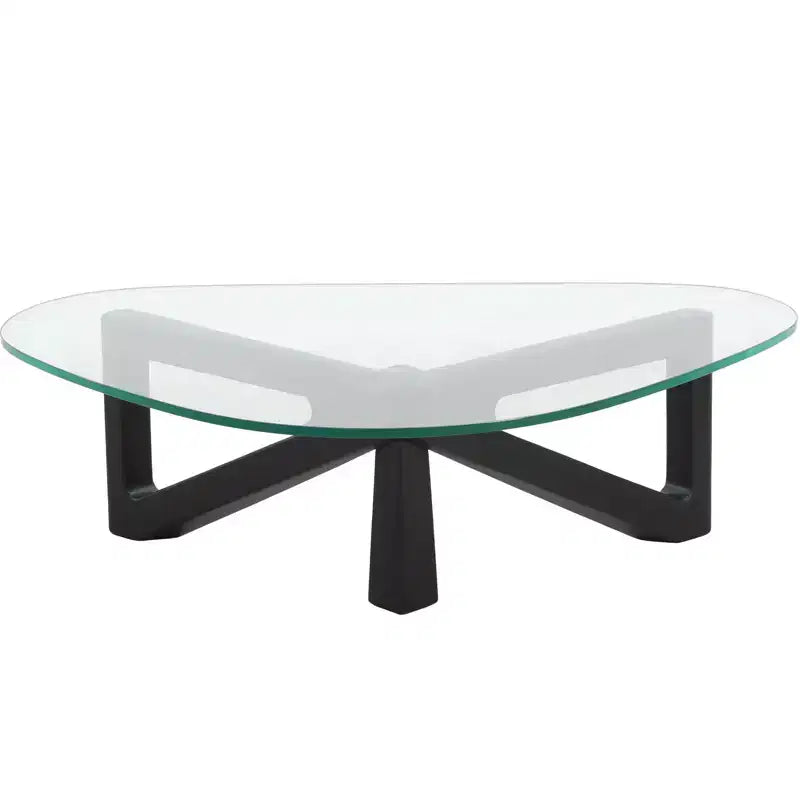 Table basse Imperial Collection en verre triangulaire avec piètement en bois de frêne lustré pour maison, salon, bureau