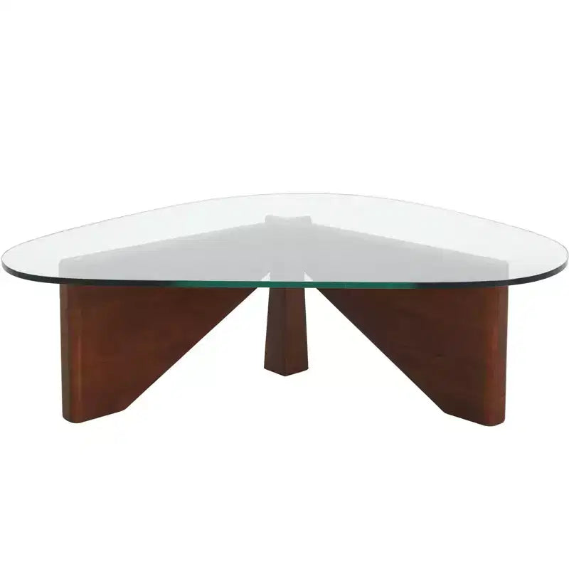 Table basse Imperial Collection en verre triangulaire avec piètement en bois de frêne lustré pour maison, salon, bureau