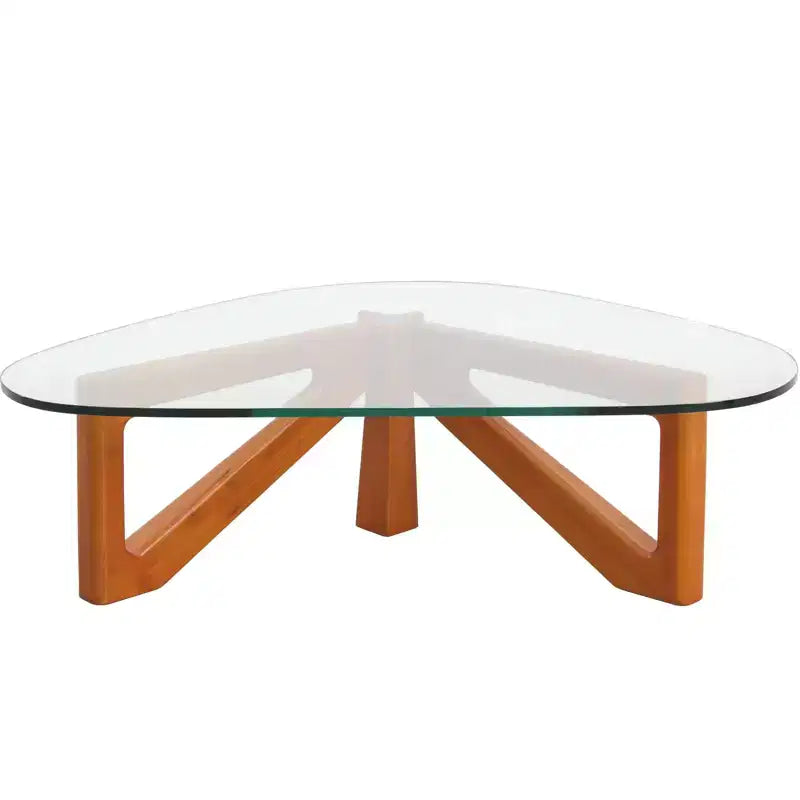 Table basse Imperial Collection en verre triangulaire avec piètement en bois de frêne lustré pour maison, salon, bureau