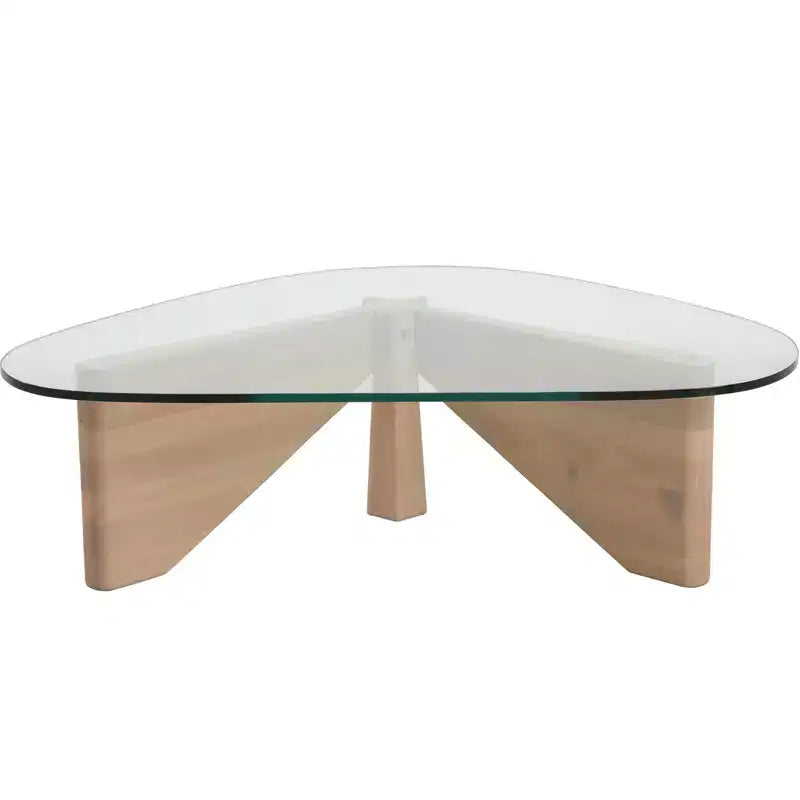 Table basse Imperial Collection en verre triangulaire avec piètement en bois de frêne lustré pour maison, salon, bureau